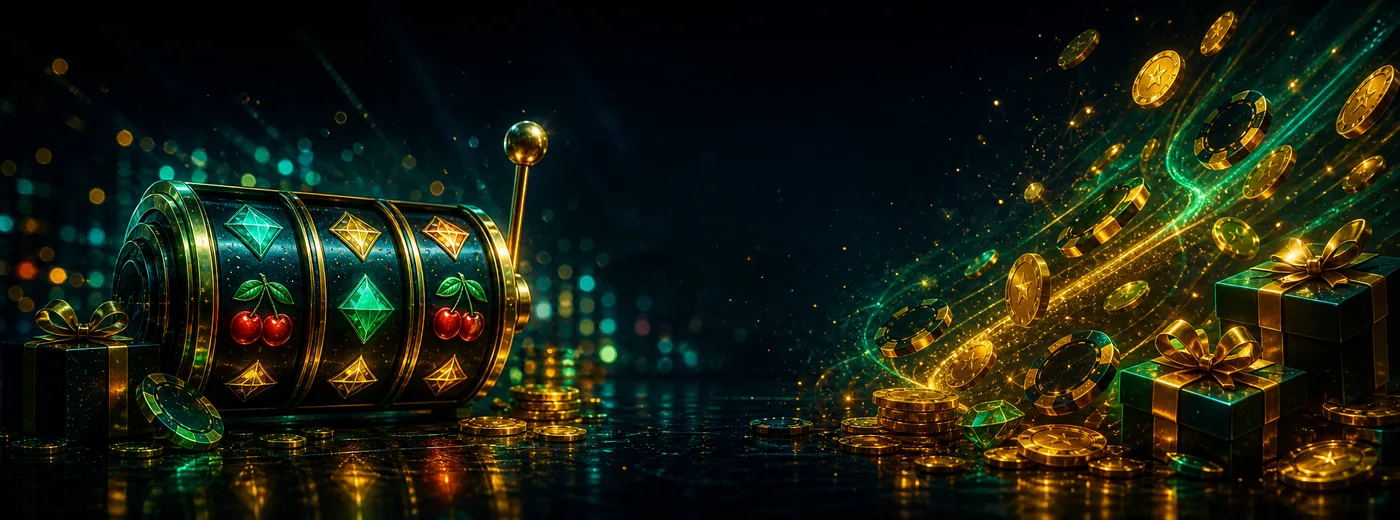 Sich drehende Spielautomaten-Symbole und goldene Chips auf rotem Hintergrund